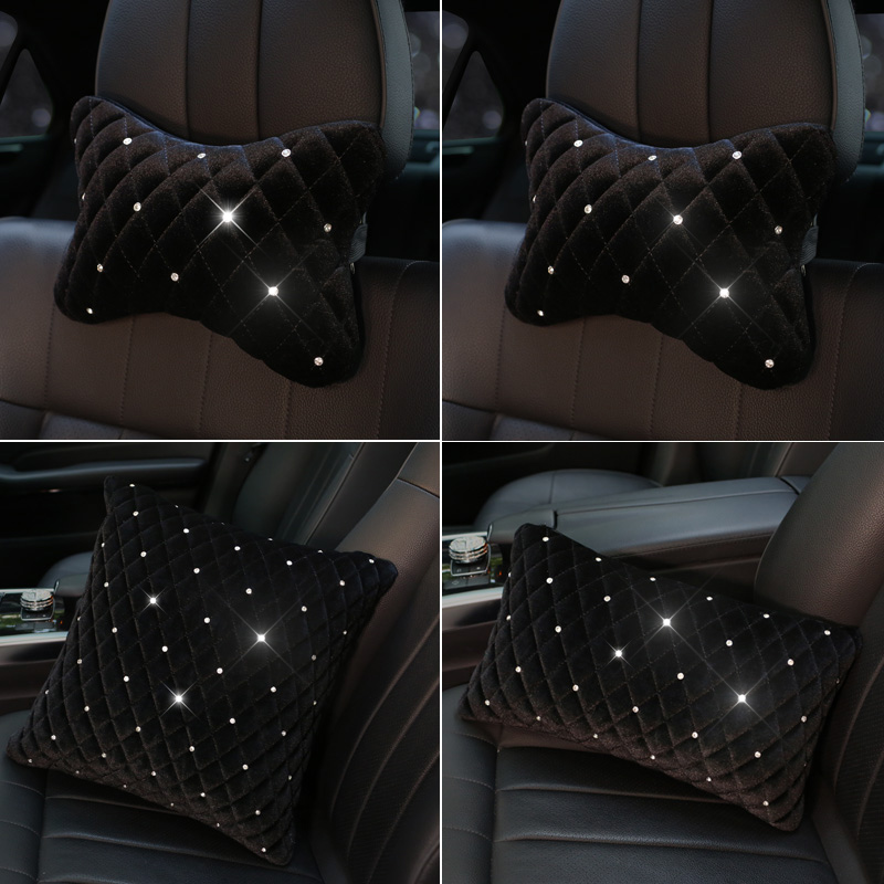Car Accessories For Winter - Bling Rhinestone รถคอหมอนฤดูหนาวตุ๊กตาคริสตัล Auto Headrest หมอนเอวรองรับรถที่นั่งหมอน